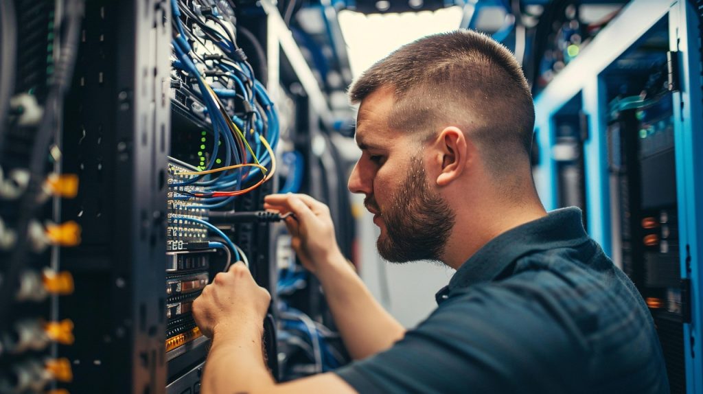 ai generated, technician, computer, hardware, technology, workshop, systems, focus, expertise, tech, electronics, repair, maintenance, work, equipment, professional, engineer, cables, wires, setup, network, server, diagnostics, development, it support