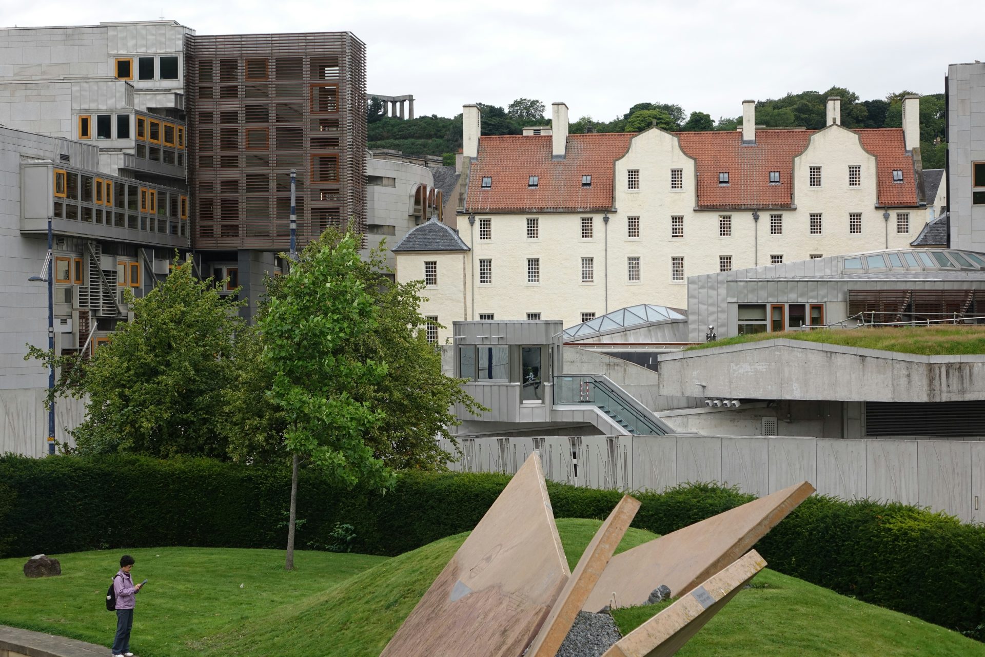 A wooden sculpture in a park with buildings in the background